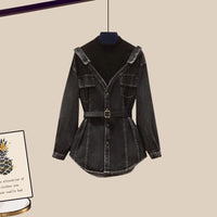 Women's Fashion Waist-Cinching Fake Two-Piece Long Sleeve Denim Jacket