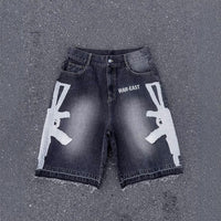 Retro Washed Hip-Hop Letter Print Loose Denim Shorts