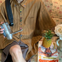 Vintage Embroidered Vertical Striped Short Sleeve Shirt