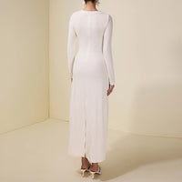 Womens Round-Neck White Lace-Patchwork Ruffled Long Dress