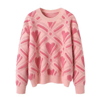 Womens Color-Block Heart-Shape Relaxed-Fit Crew-Neck Sweater