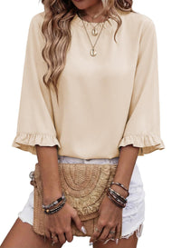 French-style Relaxed Ruffle-sleeve Solid-color Three-quarter-length Sleeve Chiffon Womens Top