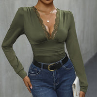 Elegant V Neck Jumpsuit With Lace Trimmed Sleeves For Women