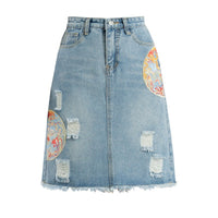 New Chinese Embroidery Denim Skirt A- Line Skirt Buckle