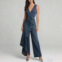 Western-style V-neck Asymmetrical Denim Jumpsuit