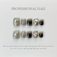 Wear Armor Handmade Black Blooming Gold Foil Love Diamond Removable Fake Nails