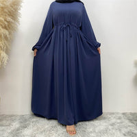 Muslim Simple Design Solid Color Stretch Sleeves, Front Zipper Elegant Swing Dress