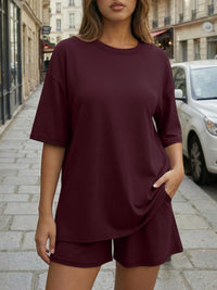 Round-neck Casual Loose-fitting Short-sleeve Shorts Womens Set