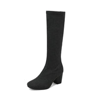 Womens Stretchy Chunky Heel Over-the-Knee Boots