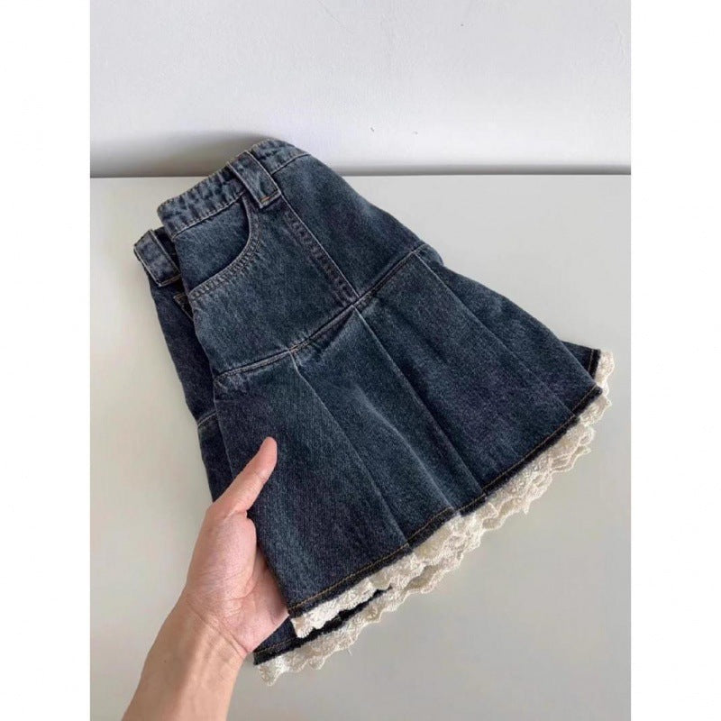 Women's Vintage Lace Pleated Denim Skirt