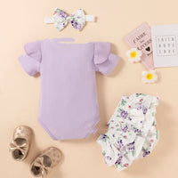 Short Sleeved Romper Floral Shorts Bow Headdress Set