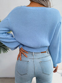 Women Casual Cable Knit Lantern Sleeve Cinched Sweater