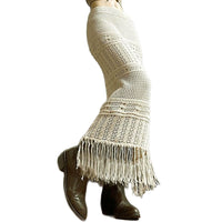 Womens Knitted Skirt With Hollowed-Out Design Tassel Trim And Solid Color