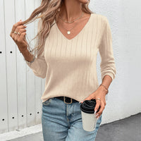 European And American Fall Women's Clothing Sunken Stripe V-neck Black Sweater For Women