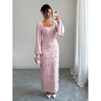 Fashionable And Elegant Floral-decorated Long-sleeve Dress With A Square Neckline And Flared Sleeves