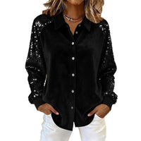 New Womens Long-sleeve Shirt In Gold Velvet With Sequin Patchwork