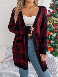 Casual Color Block Plaid Pocket Long Sleeve Cardigan Sweater Coat
