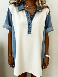Denim-collar Short-sleeve Pullover Patchwork Knit Dress