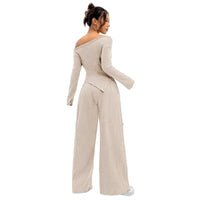 Solid-color Elegant Off-shoulder Sleeveless Shirt And Wide-leg Pants Set For Women