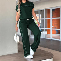 Womens Solid-Color Simple Crew-Neck Short-Sleeve Top And Straight-Leg Pants Set