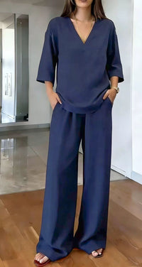 Women's V-neck Short-Sleeve Top And Wide-Leg Pants Casual Set
