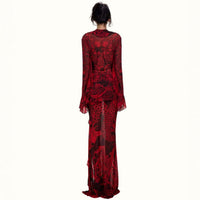 New French Style Retro Solid Color Lace Deep V Flared Sleeve Split Dress