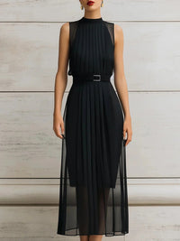 Womens Black Mesh-Panel High-Neck Sleeveless Dress