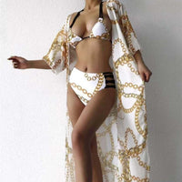 Fashion Floral High Waist Tassel European Free Size Bikini With Coat Split