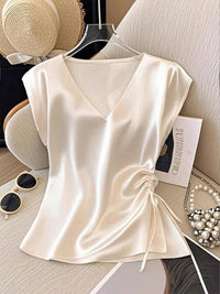 Womens Solid-Color Casual Satin V-Neck Top With Drawstring Hem