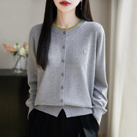 Wool Bear Rhinestone Cardigan Round Neck Long Sleeve Top