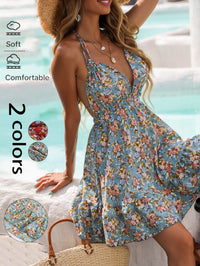 Printed Lace-Up Deep V-Neck Backless Ruffle Hem Dress