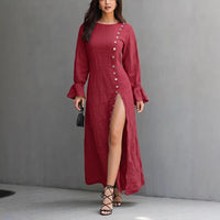 Womens Long-Sleeve Casual Cotton-Linen Slit Dress With Buttons