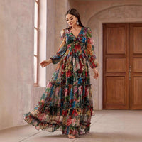 Printed Long-sleeve Puffed-sleeve Belted Maxi Dress