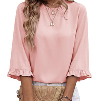 French-style Relaxed Ruffle-sleeve Solid-color Three-quarter-length Sleeve Chiffon Womens Top