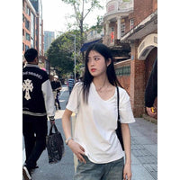 White V-neck Shoulder T-shirt For Women