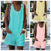Summer New Style Women Pocket Button Cotton And Linen Strap Button Jumpsuit