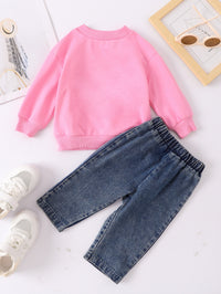 Boys And Girls Casual Letter Print Pullover Sweater Jeans Two-piece Set