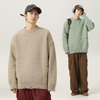 Retro Hollow-out Ripped Design Round Neck Sweater