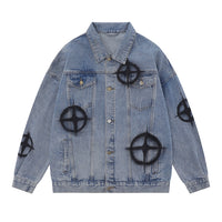 Dark Cross Graffiti Patterned Denim Jacket