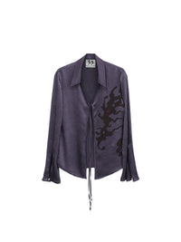Pleated Satin Abstract Printing Vintage Lace-up Purple Shirt