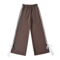 Side-striped Bow-tie-detailed High-waist Casual Loose Wide-leg Straight Pants