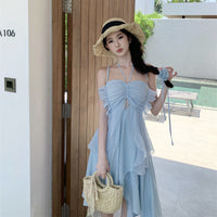 Beach Vacation Blue Soft-style Suspender Dress Womens Summer Niche Design Back-tie Beach Long Dress