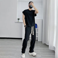 Men's Solid Color Casual High Sense Ice Silk Casual Pants Short Sleeve Suit