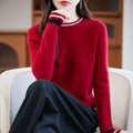 One-line Color-blocked Wool Sweater Women's Round Neck Trendy Design Loose