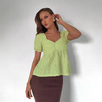 V-neck Fashionable Simple Puff-sleeve Top For Women