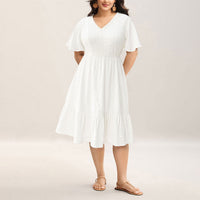 Solid-color V-neck High-waisted Loose-fit Short-sleeve Dress