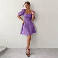 Womens New Elegant Square-Neck Short-Sleeve High-Waist Dress