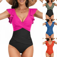 V-neck Lotus Leaf Flying High Waist Backless One Piece Swimsuit