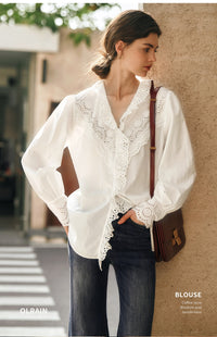 French-style White Lace Long-sleeve Shirt For Women