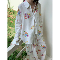 Tencel Ramie Botanical Floral Print Sun-protective Shirt With Fluttering Ribbons And Elastic Waistband Beach Pants